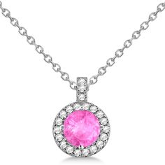 Pink Sapphire & Diamond Halo Pendant Necklace 14k White Gold (1.07ct) Beautiful Diamond Necklace, Pink Sapphire Pendant, Sparkly Necklace, Diamond Pendent, Sapphire Necklace Pendants, White Gold Pendant Necklace, Opal Pendant Necklace, White Gold Necklace, Round Solitaire