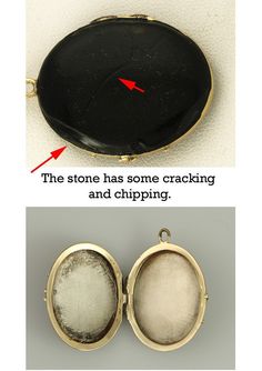 Presented is an old, 14 karat yellow gold and black enameled locket made in American during the 1850s-1870s. This Victorian piece is thickly enameled in black on either panel, with an inlaid gold cartouche on the front. The cartouche has never been monogramed. The locket snaps shut with an audible click. This piece has been tested with nitric acid and is guaranteed to be 14 karat gold. This piece is in pretty good condition for its age. There are some chips to the enamel but none of the chips go Enamel Locket, Fish Pendant Necklace, Jelly Opal, Saltwater Pearls, Locket Pendant Necklace, Vintage Lockets, Diamond Solitaire Engagement Ring, Black Enamel, Solitaire Engagement