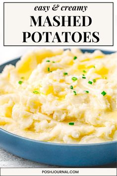 mashed potatoes in a blue bowl with text overlay