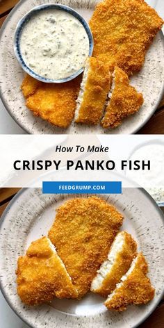 how to make crispy panko fish on a plate with ranch dip in the middle