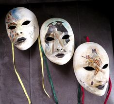 Here are three fantastic matching all handmade & hand painted authentic papier mache masks from Venezia Italy, signed by the artist Max.  These are truly unique & special; real art, not mass produced Venetian masks. They will make stunning wall decor, but they can also be worn for various festivals. Their size is 9" x 6" & about 3" deep. If you have any questions, please feel free to ask. Thank you for stopping by! Artistic Masks For Costume Festivals, Artistic Costume Masks For Festivals, Artistic White Masks For Festivals, Artistic Hand Painted Masks For Carnival, Artistic Masquerade Mask For Festivals, Artistic Hand-painted Masks For Carnival, Artistic Hand Painted Masks And Prosthetics For Carnival, Artistic Masks And Prosthetics For Mardi Gras, Artistic Masks For Art Events