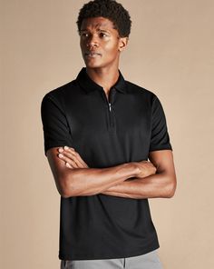 Zip-Neck Jersey Polo - Black | Men's Charles Tyrwhitt Zip-Neck Jersey Polo Shirt - Black Size Large Cotton Black Polo Shirt For Formal Occasions, Formal Black Short Sleeve Polo Shirt, Casual V-neck Business Tops, Casual V-neck Tops For Business, Black Polo Collar Top For Formal Occasions, Black Casual Polo Shirt For Business, Modern Black Tops For Business Casual, Polo Shirt Outfits, Shirt Outfits