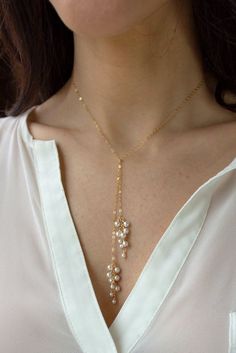 Simple Bridal Jewelry, قلادات متدلية, Dainty Pearl Necklace, Elizabeth Jewelry, Pearl Lariat Necklace, Starburst Necklace, Tie Necklace, Minimal Jewelry, Girly Jewelry