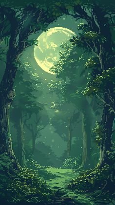 a green forest filled with lots of trees under a full moon lit sky and stars