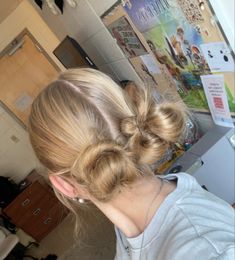 How To Do Two Low Buns Hairstyle, Blonde Space Buns Aesthetic, Space Buns Volleyball, Slicked Back Space Buns, Cute Messy Space Buns, How To Do Messy Space Buns, Slick Back 2 Buns, Cool Slick Back Hairstyles