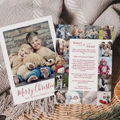 a christmas card with pictures of two children and a teddy bear on it next to a basket