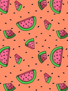 watermelon slices on an orange background with black dots and green trimmings