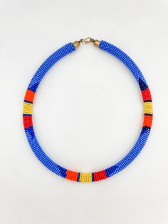 Beaded Necklace. 18in long. White Sky, Blue Yellow, Red And White, Beaded Necklace, Blue Color