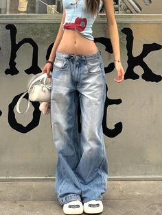 2000s Aesthetic Jean Kpop Punk - Cherryourshop Casual Wide Leg Jeans, Low Rise Straight Jeans, Straight Jeans Women, Denim Decor, Jeans Outfit Summer, Japanese Harajuku, Summer Retro, Brand Clothes, Crop Top Dress