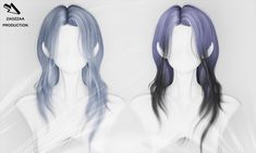 two wigs with long hair are shown in three different colors and sizes, one is blue