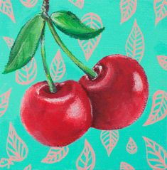 two cherries with green leaves on a blue and pink background, painted in acrylic