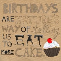 a piece of brown paper with an image of a cupcake and the words, birthdays are nature's way of telling us to eat more cake