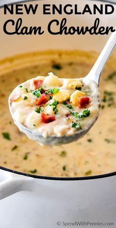 a spoon full of clam chowder in a white bowl with text overlay