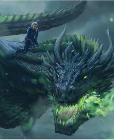 a man riding on the back of a green dragon in front of a cloudy sky