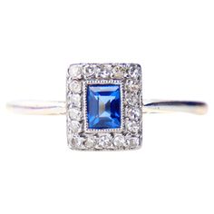 Beautiful Antique Art - Deco Sapphire and Diamonds Ring made between ca. 1920 -1940s. The Crown is 8 mm x 7 mm x 4mm deep. Band hallmarked 18 ct and PLAT (platinum). Band in solid 18ct Yellow Gold with top of the crown in Platinum featuring natural light blue Sapphire cut baguette 4.5 mm x 3.5 mm /0.3ct accented with 18 old diamond cut diamonds Ø 1.5mm / 0.015 ct / 0.27ctw, color ca. G, H/VVS All stones have open backs. Size: Ø US 6.25 / 16.71 mm. Can be sized. Weight: 2.2 grams. Fine Used condi Light Blue Sapphire, Open Backs, Old Rings, Photo Equipment, Deco Ring, Old Jewelry, Art Deco Ring, Natural Sapphire, G H