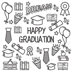 black and white happy graduation doodles with the words'happy graduation'on them