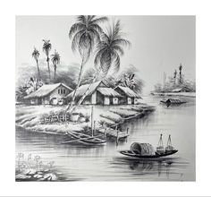 a drawing of boats on the water with houses and palm trees in the back ground