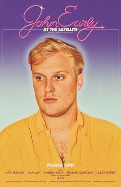 a man with blonde hair and blue eyes in front of a poster for john george at the satellite