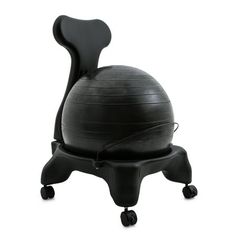 an exercise ball chair is sitting on top of a black plastic base and wheels are also attached to the back of the chair