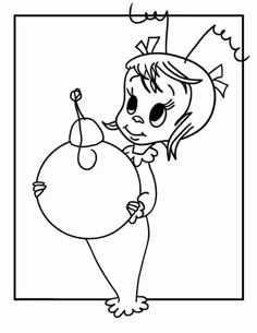 a black and white drawing of a girl holding a balloon