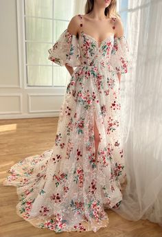 Romance in Botanical Garden Gown Garden Gown, Teuta Matoshi, Flower Embroidered Dress, A$ap Rocky, Boned Bodice, Floral Gown, Romantic Drama, Custom Size Dresses, Summer Inspo