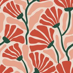 an orange and pink flower pattern with green stems