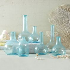 there are many blue glass vases on the table with seashells in them