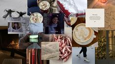 a collage of photos with people and christmas decorations in them, including coffee cups