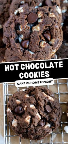 chocolate cookies with marshmallows on top and the words hot chocolate cookies above them