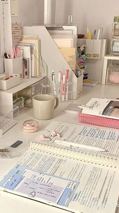 the desk is cluttered with books, papers and other things to do on it