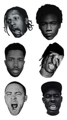 the faces of four different black men with dreadlocks on their heads and one has his mouth open