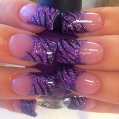 Purple with zebra Purple Zebra Print Nails, Purple Nails Grunge, Gel X Nails Purple, Purple Black And Silver Nails, Purple Zebra Nails, Y2k Purple Nails, Purple And Black Nail Ideas, Gel Extension Nails Ideas, Scene Kid Nails