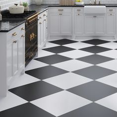 a black and white checkered floor in a kitchen