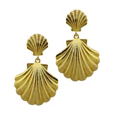 Gorgeous gold plated shell post with a lightweight shell drop_m donohue collection Gold Brass Shell-shaped Earrings, Gold Shell-shaped Brass Earrings, Gold-plated Shell-shaped Earrings, Gold Plated Shell-shaped Earrings, Gold Brass Shell Earrings, Gold Shell-shaped Metal Earrings, Gold Shell-shaped Clip-on Earrings, Gold Dangle Shell Earrings, Elegant Gold Dangle Shell Earrings