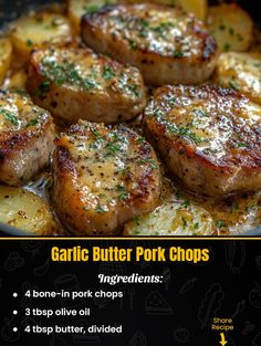 garlic butter pork chops with potatoes in a skillet