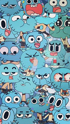 an image of many cartoon characters on a blue background with lots of eyes and mouths