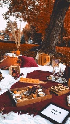 an outdoor picnic with food and drinks on the table in the fall colors, including oranges