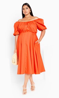 Rosabella Dress - tangerine Off Shoulder Square Neck Dress For Summer Brunch, Square Neck Off Shoulder Dress For Summer Brunch, Off-shoulder Orange Midi Dress For Summer, Summer Off-shoulder Orange Midi Dress, Summer Orange Off-shoulder Midi Dress, Elegant Summer Off Shoulder Dress With Square Neck, Elegant Summer Off-shoulder Dress With Square Neck, Elegant Off Shoulder Square Neck Dress For Summer, Elegant Off Shoulder Square Neck Summer Dress