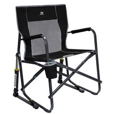 a black and gray folding chair with wheels on the bottom, attached to a white background