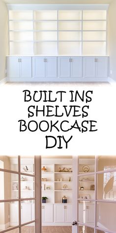 two pictures with the words built ins shelvings bookcase diy on them