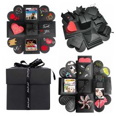 several black boxes with different items in them and one has a red heart on it