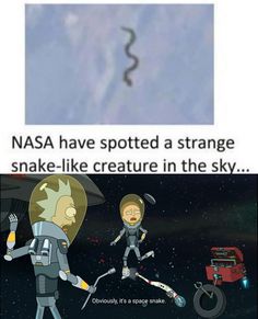 an image of two cartoon characters in space with caption that reads nasa have spotted a strange snake - like creature in the sky