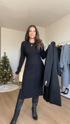 Long Boots With Dress, Tall Black Boots Outfit Winter, Black Boots Outfit Winter, Long Black Boots Outfit, Long Dress With Boots, High Boots Outfit Winter, Fall Season Outfits, Fall Winter Work Outfits, Romantic Feminine Style