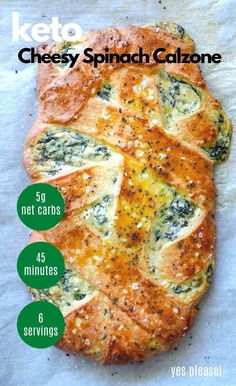 the cover of keto cheese spinach calzone is shown with instructions for how to make it