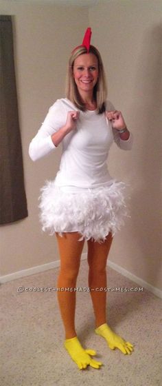 a woman dressed in a chicken costume