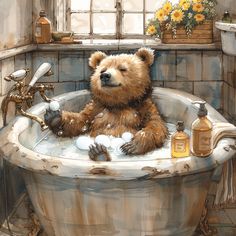 a painting of a brown bear in a bathtub