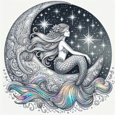 a drawing of a mermaid sitting on the moon with stars in the sky behind it