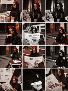 a collage of photos showing women in black clothing and red head coverings reading newspapers