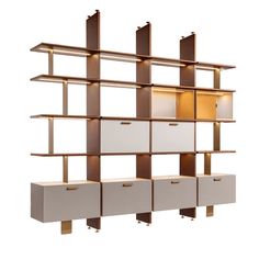 a bookcase with drawers and lights on it's sides, against a white background