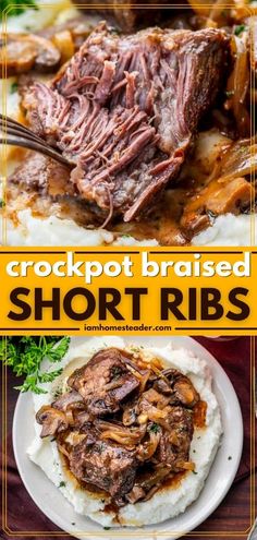 crockpot braised short ribs on top of mashed potatoes